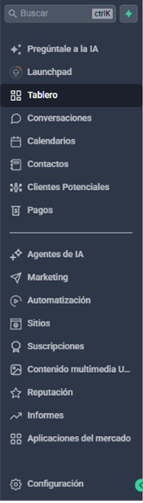 Menú del CRM: conversaciones, calendarios, contactos, marketing, automatización y más